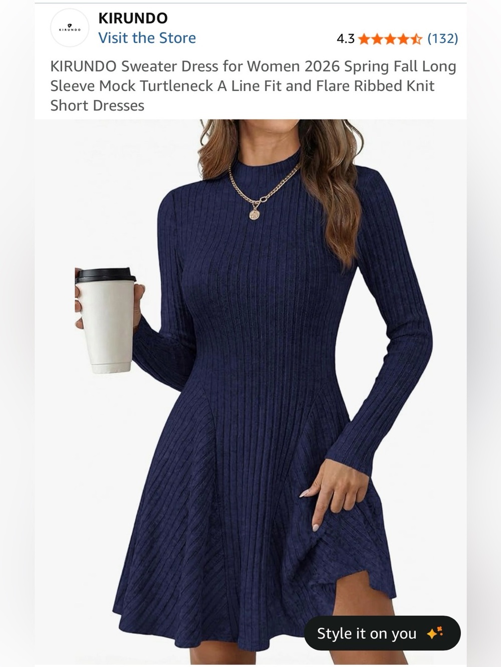 Navy Ribbed Mock Turtleneck Fit & Flare Sweater Dress - Small - NWT